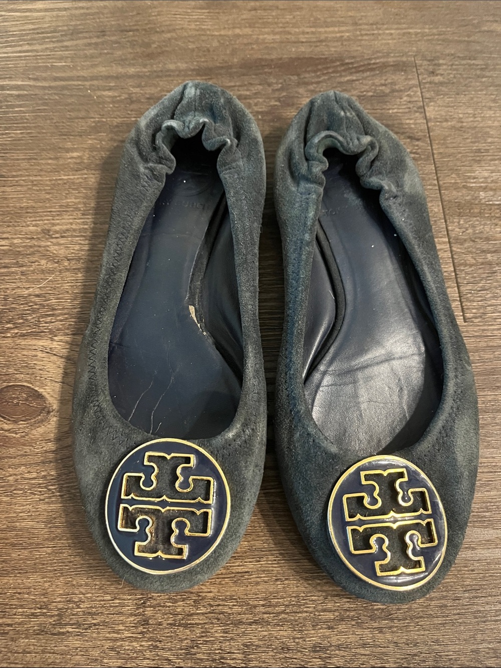Tory Burch Black Suede Ballet Flats with Gold Logo